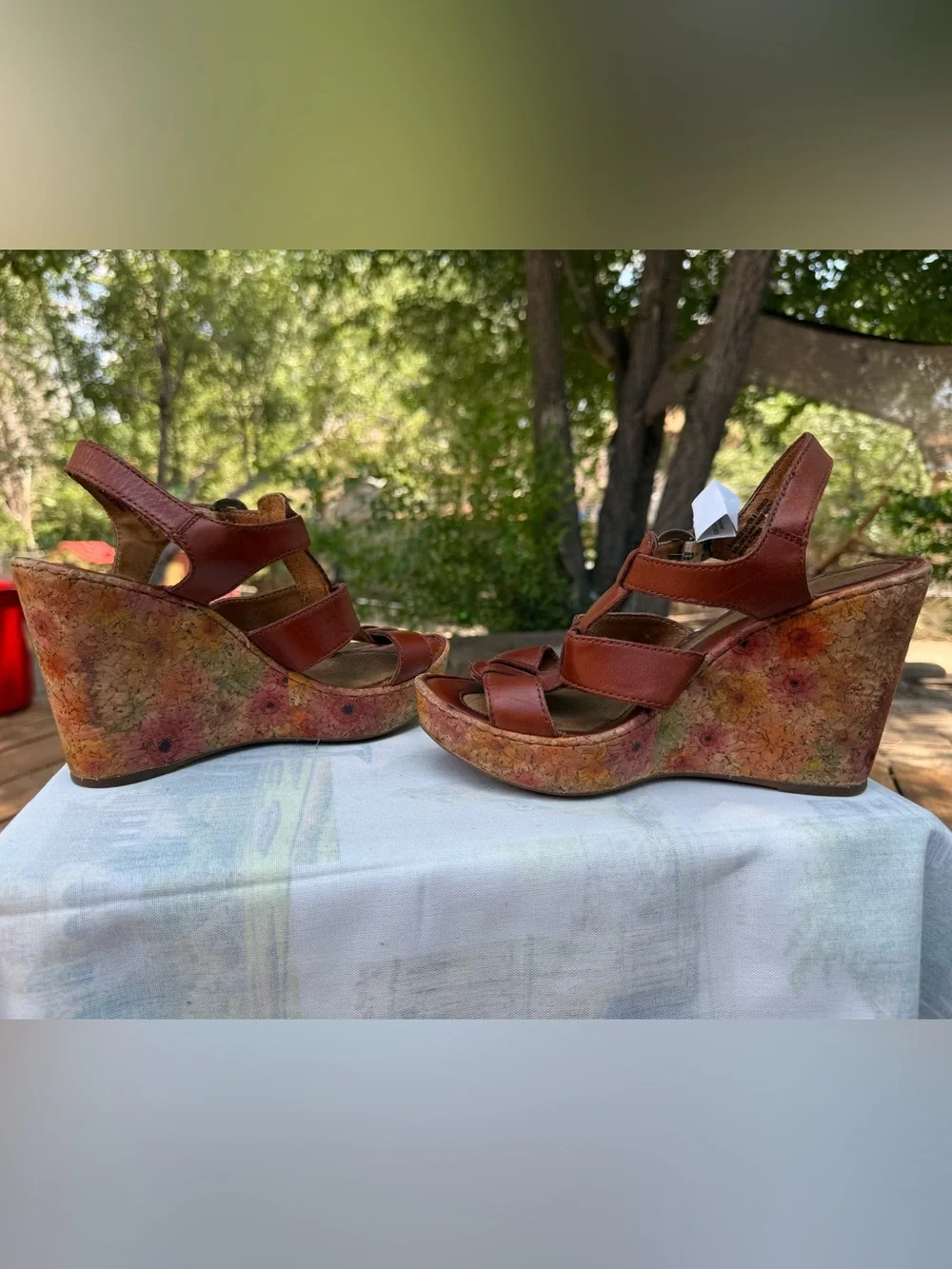 Born Leather Strappy Floral Cork Wedge Sandals